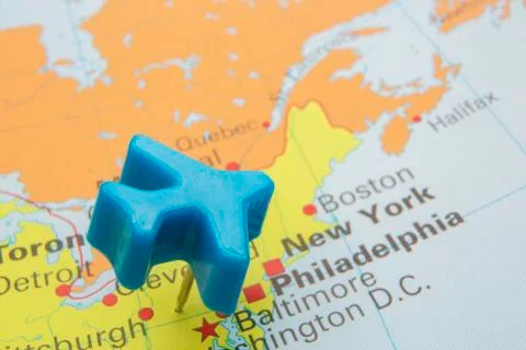 Map of america with model plane over new york 스톡 사진