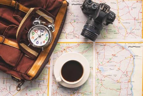 Map and camera With travel planning ideas Stock Photos
