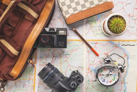 Map and camera With travel planning ideas Fotos de archivo