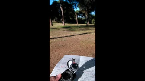Map and Compass Usage in a Scenic Outdoor Forest Setting Stock Footage 312537541