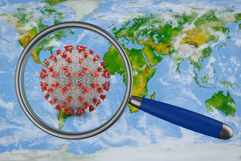 Map and coronovirus world map and a magnifying glass under which the coron... Stock Photos