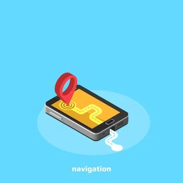Map and destination pointer on the smartphone, isometric image Ilustração Stock