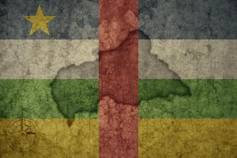 Map and flag of central african republic on a old vintage crack paper backg.. Stock Photos