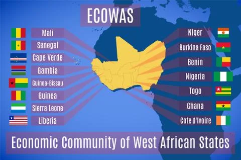 Map and flag of the Economic Community of West African States (ECOWAS). Stock Illustration