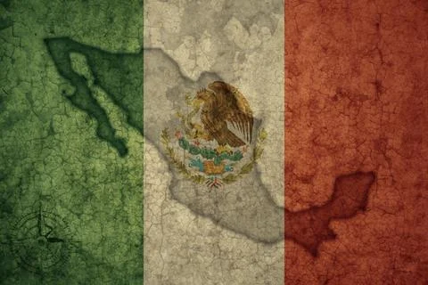 Map and flag of mexico on a old vintage crack paper background . Stock Photos