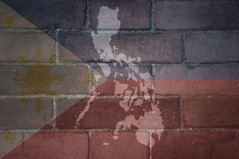 Map and flag of philippines on a old brick wall Stock Photos