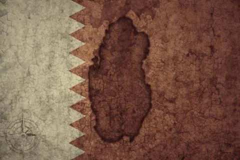 Map and flag of qatar on a old vintage crack paper background . Stock Photos