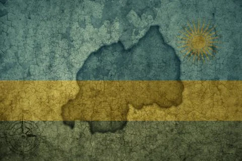 Map and flag of rwanda on a old vintage crack paper background . Stock Photos