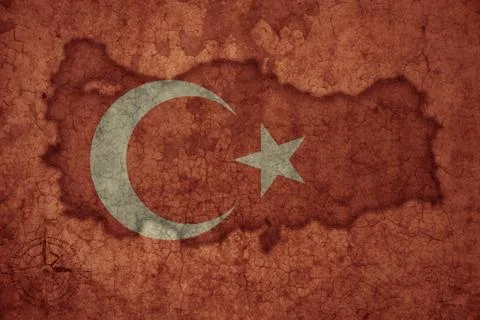 Map and flag of turkey on a old vintage crack paper background . 스톡 사진