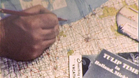 Map and Hand Roadmap Closeup Trip Planning Adventure Vintage Film Home Movie 8mm 스톡 동영상 7138332