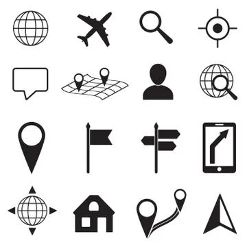 Map and Location Icons set on white background. Vector illustration.  Location,  Stock Illustration