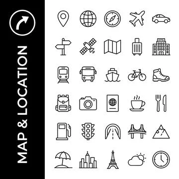 Map and location line icon set featuring travel, transport, and navigation .. Stock Illustration