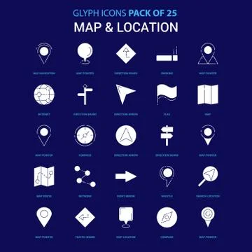 Map and Location White icon over Blue background. 25 Icon Pack Ilustração Stock