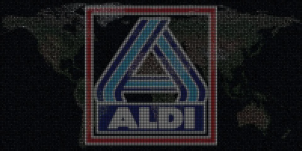 Map and logo of ALDI made with dots. Editorial illustration, global business Illustrazione stock