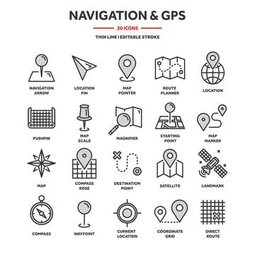 Map and navigation. GPS coordinates. Location icons. Line art. Ilustración de archivo