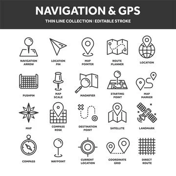 Map and navigation. GPS coordinates. Location icons. Line art. Ilustración de archivo