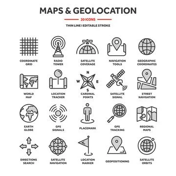 Map and navigation. GPS coordinates. Location icons. Line art. Ilustración de archivo