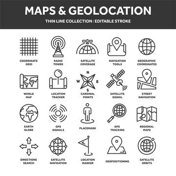 Map and navigation. GPS coordinates. Location icons. Line art. Ilustración de archivo