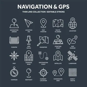 Map and navigation. GPS coordinates. Location icons. Line art. Ilustración de archivo