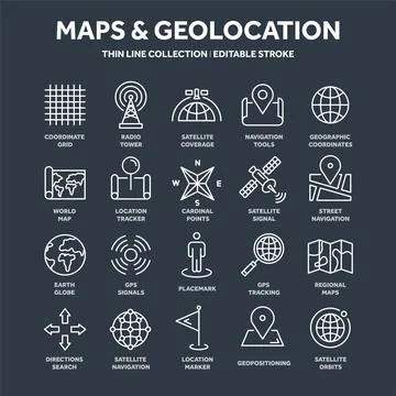 Map and navigation. GPS coordinates. Location icons. Line art. Ilustración de archivo