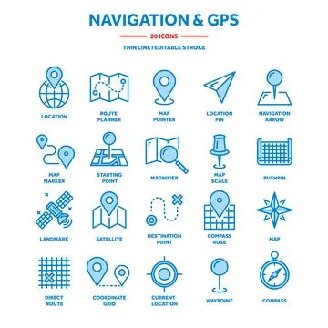 Map and navigation. GPS coordinates. Location icons. Line art. Ilustración de archivo