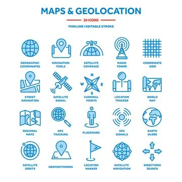 Map and navigation. GPS coordinates. Location icons. Line art. Ilustración de archivo