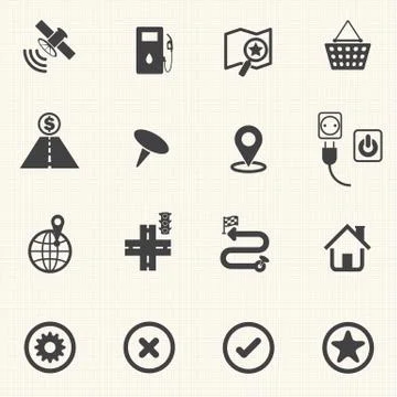 Map and Navigation icons with texture background. Vector icon set. Stock Illustration