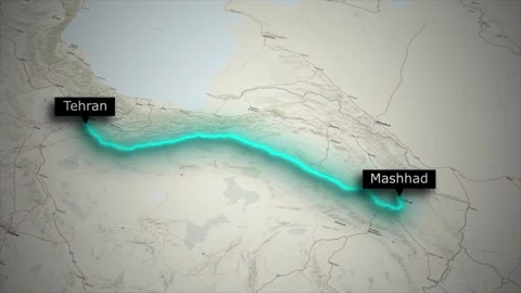 Map Animation of Car Route from Tehran to Mashhad Iran on World Map Stock Footage 329317472