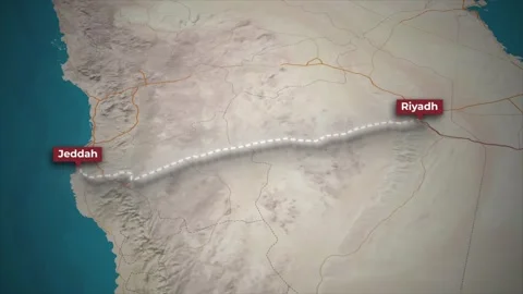 Map Animation of Car Traveling from Riyadh to Jeddah Saudi Arabia Vídeo Stock 341824867