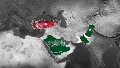 Map Animation Highlighting Saudi Arabia, Pakistan, and Turkey Flag Overlay Vidéo 341956045