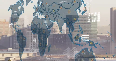 Map appearing over skyline starting icons popping, hex grid forming for data Stock Footage 312759228