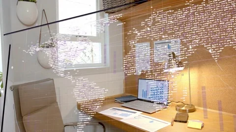 Map appearing over wood desk, dots drifting down-right, revealing laptop blue Stock Footage 337913008