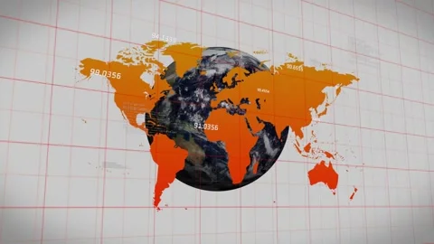 Map appearing on red grid, starting 3D globe under overlay, labels anchoring Stock Footage 333962811