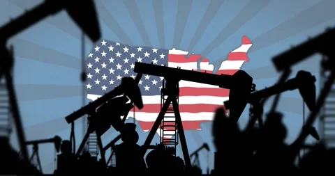 Map appearing triggers central pumpjack and front silhouettes pumping, showing Stock Footage 328265210