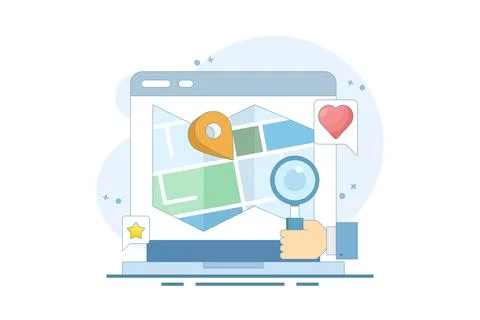 Map application concept, View map on laptop, Map software for exact location. Stock Illustration