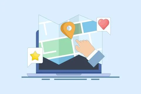 Map application concept, View map on laptop, Map software for exact location. Stock Illustration