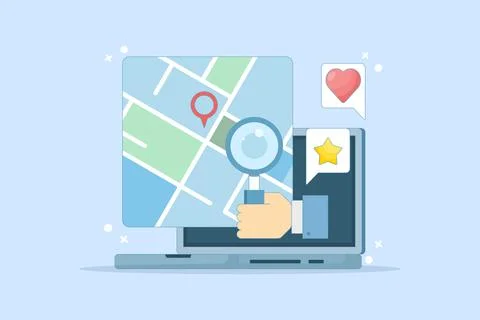 Map application concept, View map on laptop, Map software for exact location. Stock Illustration