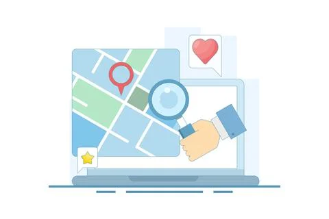 Map application concept, View map on laptop, Map software for exact location. Stock Illustration