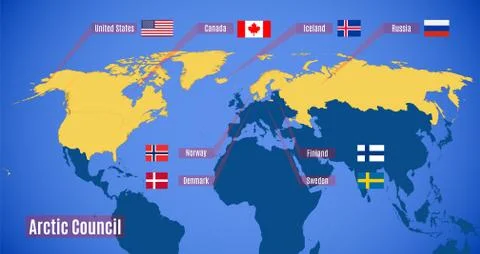 Map of the Arctic Council with flags of member States Stock Illustration