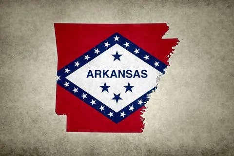 Map of Arkansas with its flag on a paper Stock Illustration