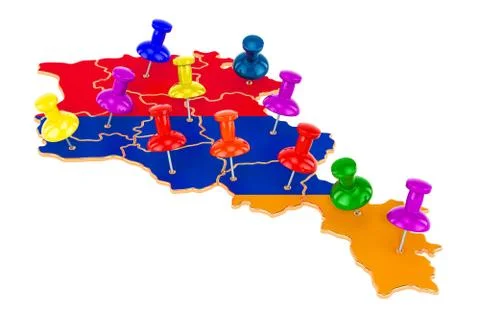 Map of Armenia with colored push pins, 3D rendering Stock Illustration