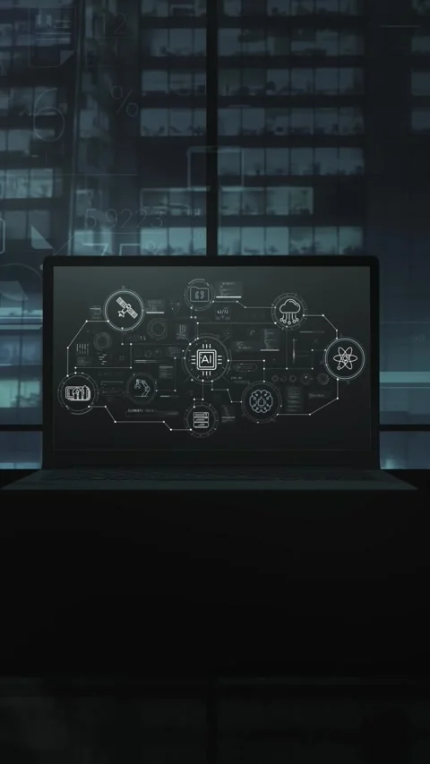 Map of artificial intelligence visuals on a laptop screen in a dark office Stock Footage 345666890