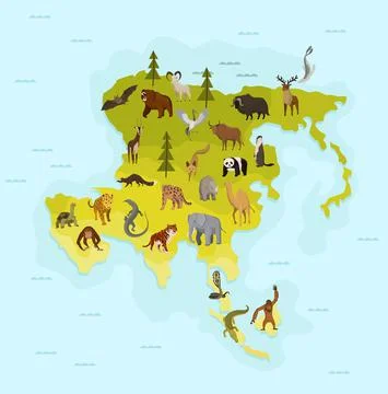 Map of asia with different animal. Funny cartoon banner for children with the Stock Illustration