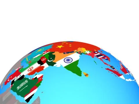 Map of Asia with flags on globe Stock Photos