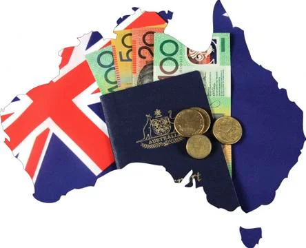 Map of Australia with Australian flag, passport and money cash dollar notes a Stock Photos