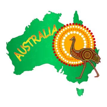 Map of Australia with emu and sun isolated on white background. Stock Illustration