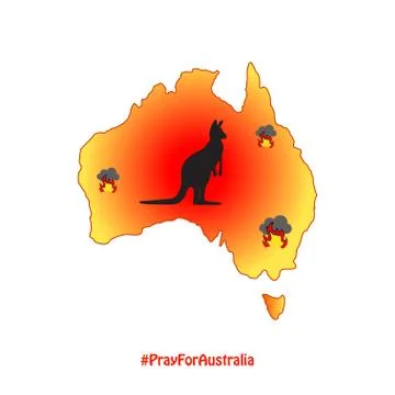 Map of Australia in fire with a silhouette of kangaroo. Stock Illustration