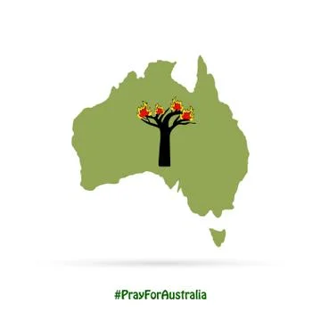 Map of Australia in fire with a silhouette of tree. Stock Illustration