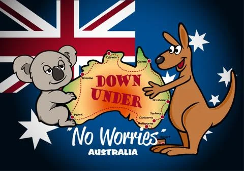 Map of Australia with Koala Kangaroo and flag Stock Illustration
