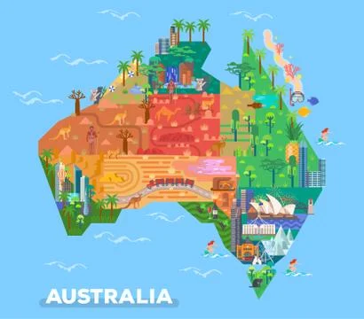Map of Australia with landmarks of architecture Stock Illustration